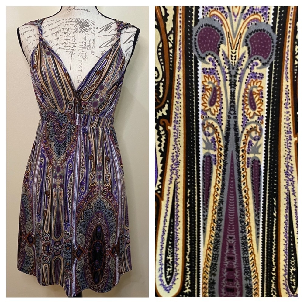 Matty M Twisted‎ Shoulder Strap Design Sleeveless Boho Stripe Mix Print Dress